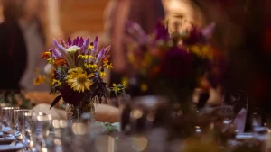 High-end floral centerpiece on a dining table at LOFT39, highlighting the level of detail possible for bespoke private dining functions.