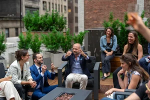 A/V integrated networking venue with Sonos audio for a seamless Midtown corporate event.