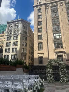 Technical blueprint for an NYC rooftop wedding ceremony and cocktail lounge layout for 50 guests.